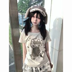 American-Style Sweet and Spicy Cat Girl White Short-Sleeve T-Shirt for Women, Summer New Printed Slim-Fit Short-Sleeve Top