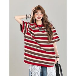 American-Style Niche Dachshund Embroidered Short-Sleeve T-Shirt for Women, New Spring/Summer Color-Block Striped Versatile Loose Casual Top