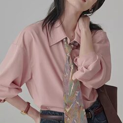 Spring New Style High-End Gentle Mist Pink Shirt for Women, French Chic Intellectual Style Long-Sleeved Loose Shirt