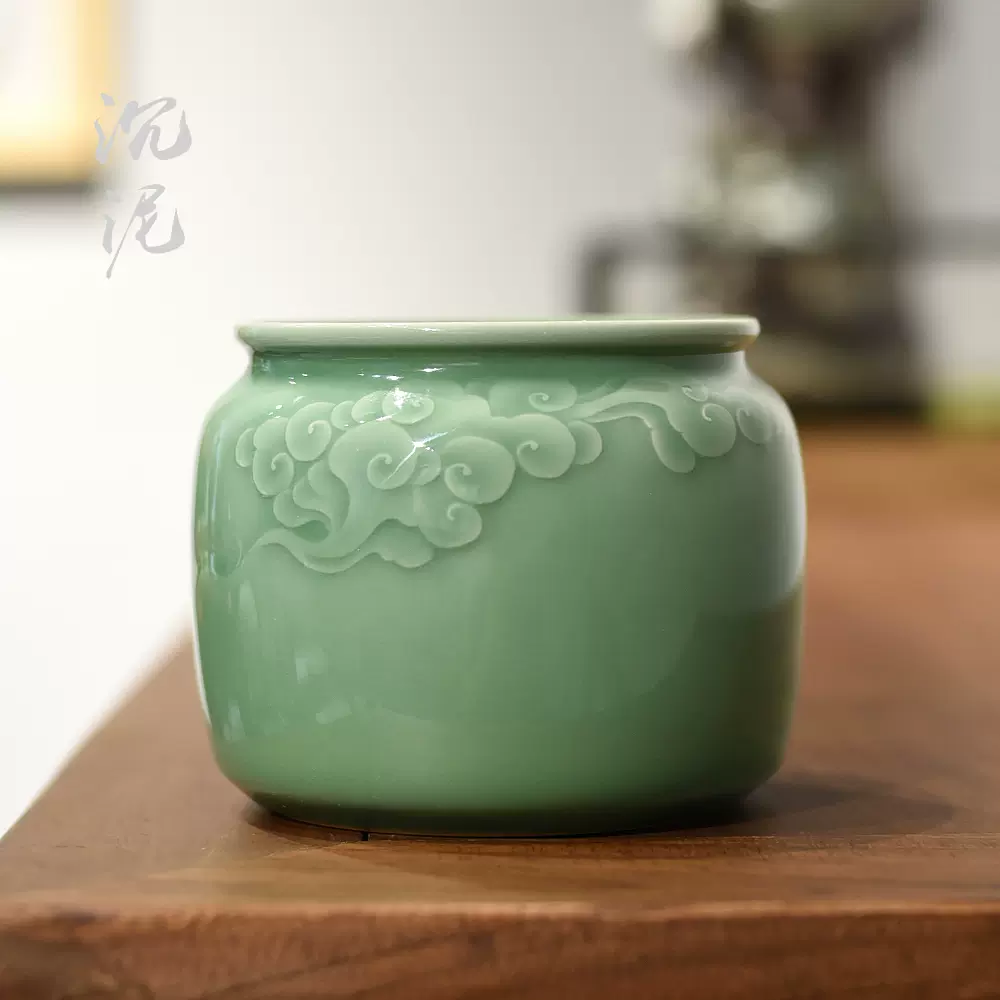 沉泥青瓷周连福纯手工建水祥云浮雕陶瓷刻花茶道配件水