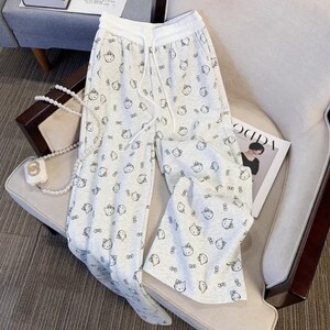 Large size 2-300*0.5kg fat MM cartoon full print wide-leg pants for women loose fashion casual sports straight trousers