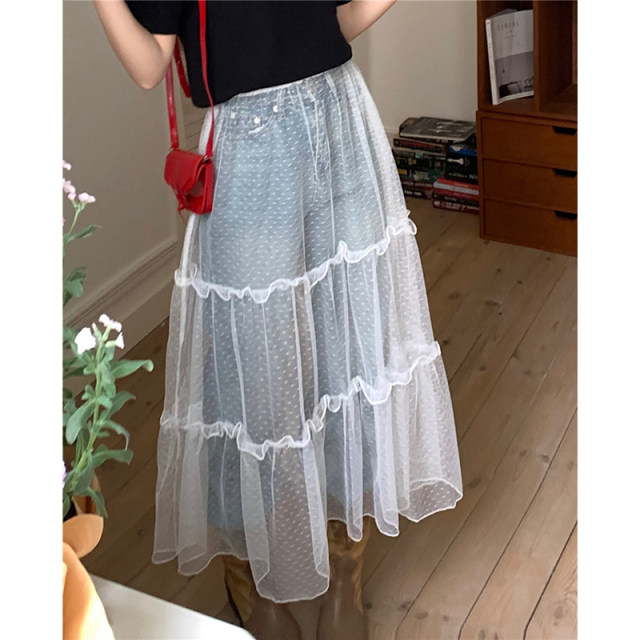 Sweet and transparent layered mesh skirt for women's spring versatile high-waist midi skirt A-line skirt