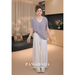 
[Fat Jiajia] Fat mm plus size women's clothing two-layer ice T-shirt summer fashion fake two-piece spliced short-sleeved top