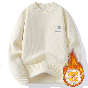 Round neck sweater men's autumn and winter velvet thickened pullover sweater men's trendy brand embroidered warm autumn sweater