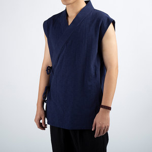 
Chinese style slanted collar improved Hanfu men's vest vest loose Chinese style man jacket linen cotton linen Tang suit summer