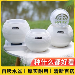 
Nordic white thread round flower pot simple self-absorbing lazy basin balcony office green plant resin planting pot
