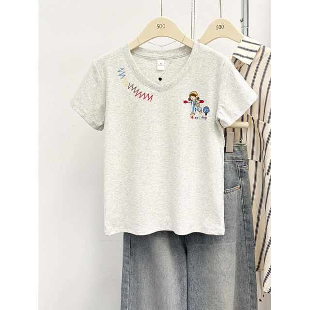Cartoon little girl printed v-neck short-sleeved shoulder T-shirt for women design niche slim fit and slim chic Korean top