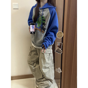 美式设计感印花插肩拼色卫衣女秋冬新款加绒宽松百搭套头情侣外套