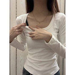 U-Neck Pure Cotton Base Shirt for Women, Autumn and Winter Inner Wear, 2025 New Style, White Slim Fit, Regular Shoulder T-Shirt, Short Long-Sleeve Top