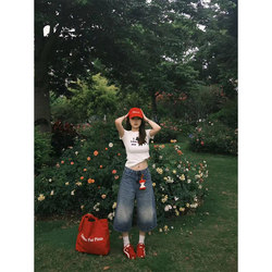 American Retro Three-Quarter Denim Shorts for Women, Summer Thin Style, 2026 New High-Waisted Loose Versatile Straight Wide-Leg Pants