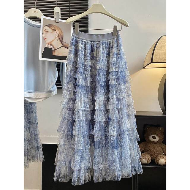 Puffy cake skirt for women 2025 new summer high waist retro tie-dye fairy-like mesh long skirt