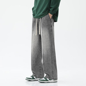 
WAALEVANA American high street gradient washed distressed drawstring jeans for men and women loose straight wide leg trousers