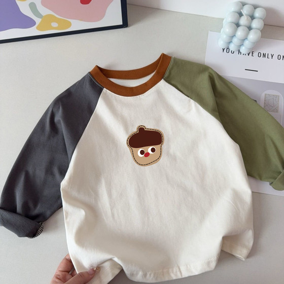 
Casual fun tops for boys and girls in spring and autumn new cartoon printed base shirt fashionable pure cotton breathable long-sleeved T-shirt