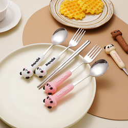 304 Stainless Steel Spoon and Fork Three-Piece Set for Kidsren, Cute Household Portable Spoon, Fork and Chopsticks Set, High-Looking Tableware