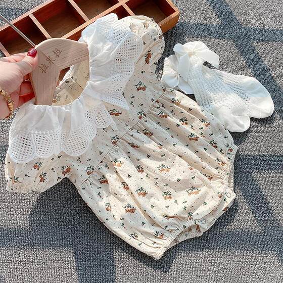 
Baby short-sleeved one-piece clothes summer parent-child clothing cool girl princess floral dress suit one-piece fart clothes