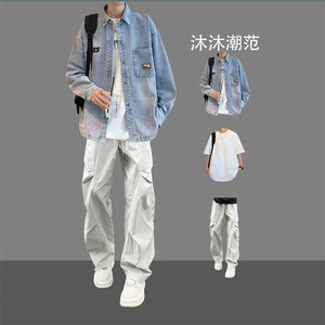 Denim jacket men's spring and autumn trendy jacket set with handsome young men's long-sleeved shirt three-piece set