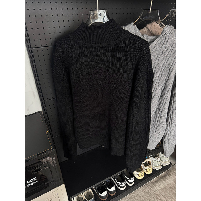 ooohmygo American retro letter embroidery half turtleneck sweater for men and women in autumn and winter loose lazy sweater jacket