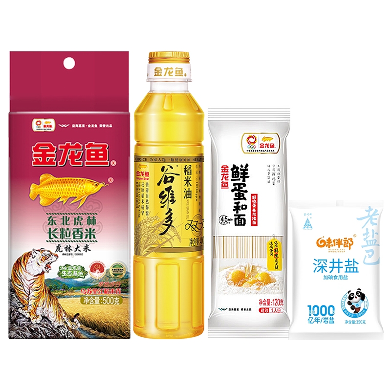 9.9元！金龙鱼稻米油400ml+大米500g+面条盐