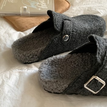 
I really love gray ~ furry slippers for women, thick-soled Birkenstock cotton shoes, winter non-slip toe-cap half slippers for women