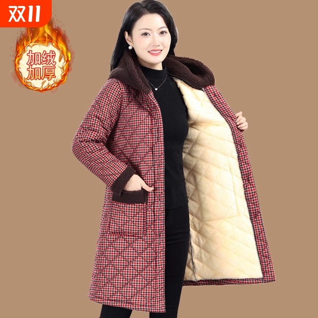 Winter thickened warm cotton coat mother's wear long velvet cotton coat top middle-aged and elderly women's cotton coat plaid