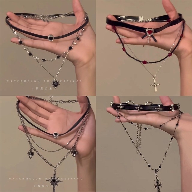 Sweet and cool black rope clavicle chain necklace multi-layered female hot girl black leather rope chain titanium steel snake bone chain necklace cool style