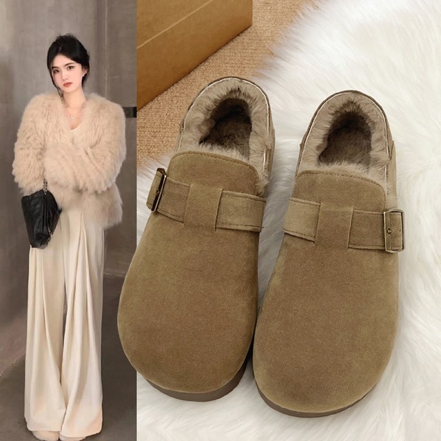 Velvet all-inclusive retro Birkenstock shoes for women spring and autumn 2025 new one-legged beanie shoes fur shoes snow boots
