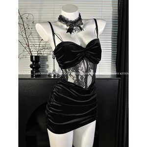 FUNNY KITTEN sexy pajamas for women hot transparent lace halter neck velvet top home clothing set
