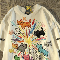 Nuxok Cartoon Fun Cat Print Short-Sleeved T-Shirt for Men and Women 2026 Summer New Loose Cotton Top for Couples