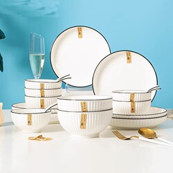 2-6 Person Bowl and Plate Set, Household Ceramic Combination Plates, Rice Bowls, Tableware, Underglaze Color, Anti-Scalding for Eating