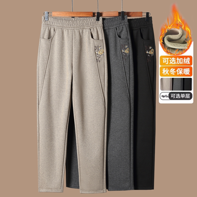 Mom's autumn and winter velvet straight pants for middle-aged and elderly women winter thickened granny trousers elastic waist pants black embroidery