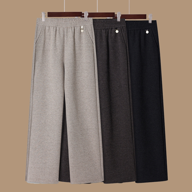 Mom's autumn and winter style wide-leg woolen straight pants for middle-aged and elderly women winter elastic waist casual pants plus velvet trousers