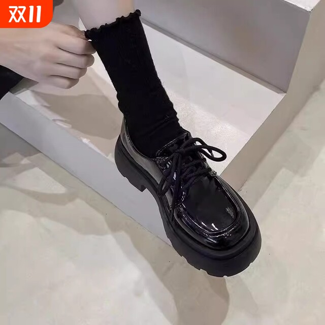 New British style small leather shoes for women 2024 spring and autumn thick sole versatile lace-up loafers black jk single shoes shiny