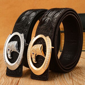 Men's belt, middle-aged and young belt, trendy casual leather pants waist seal with crocodile pattern pure cowhide smooth buckle gift box