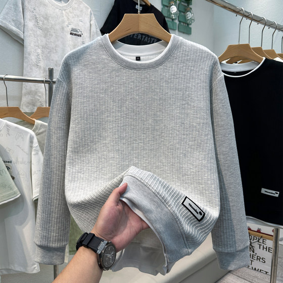 
Men's sweatshirt winter casual hoodless fake two-piece t-shirt bottoming shirt American men's early autumn inner wear