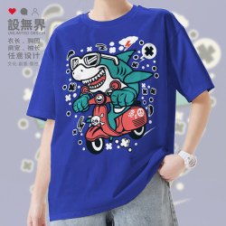 Animal Shark Riding a Motorcycle Funny Illustration Pure Cotton Short-Sleeved T-Shirt Unisex Loose Casual Clothing Design Wujie