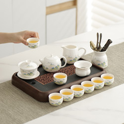 High-End White Jade Porcelain Kung Fu Tea Set for Home Use, Including Teapot, Gaiwan, Teacups, Light Luxury Complete Set for Office and Guest Reception