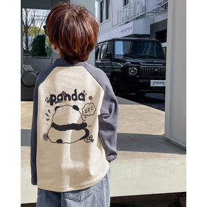 
Children's Autumn Clothing Boys Panda T-shirt Long Sleeve Autumn Clothing 2025 Autumn and Winter Color Block Raglan Sleeve Children's Clothing German Velvet Bottoming Shirt