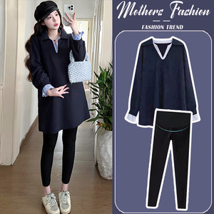 
Pregnant women navy blue suit spring and autumn 2026 new lapel Korean style belly-covering mid-length sweatshirt two-piece set for women