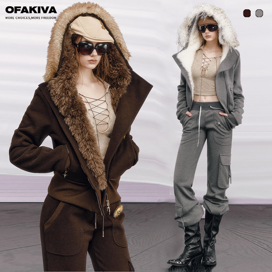 [Ready Stock] OfAkiva 'Falcon Lake' diagonal placket star zipper hooded top three-dimensional pocket pants suit