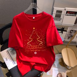 Christmas Clothes Christmas T-Shirt 2025 New Popular Pure Cotton Short-Sleeved Red T-Shirt for Men and Women