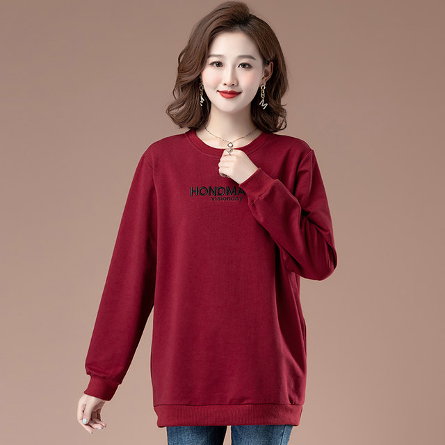 Pure cotton long-sleeved sweatshirt for women in spring and autumn clothes middle-aged mother casual loose T-shirt round neck base shirt jacket top trendy
