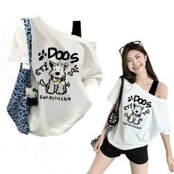 Casual Style Cartoon Letter Print One-Shoulder Short-Sleeve T-Shirt for Women, New Summer Loose Fit, Slimming and Versatile Top ins Trendy