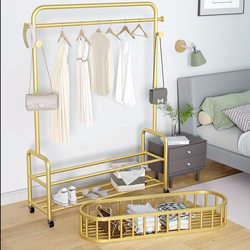 Floor-Standing Clothes Rack for Bedroom, Movable with Wheels, Household Use, Living Room, Trendy Light Luxury Clothes Drying Rack, Simple Coat Rack