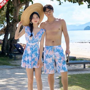 
Couple swimsuit one-piece skirt women's boxer with steel support chest pad slightly fat mmQ suit beach pants men's style