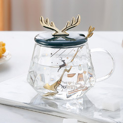 High-Looking, Light Luxury Style Glass Cup with Lid and Spoon, Household Mug, Office Drinking Cup, Coffee Tea Cup