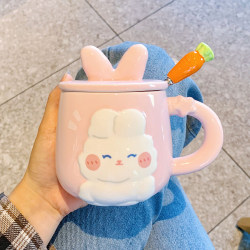 Ceramic Cup with Lid and Spoon, Cute Rabbit Mug, High-Value Drinking Cup, Home Couple Office Coffee Cup