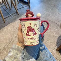 Mug with Lid and Spoon, High Aesthetic Value, ins Style Ceramic Cup, Large Capacity Couple's Water Cup, Family of Four Breakfast Cup