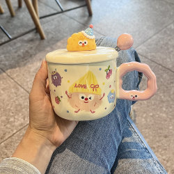 Good-Looking ins Style Mug with Lid and Spoon, Cute Ceramic Water Cup for Girls, Home Cup, Office Coffee Cup