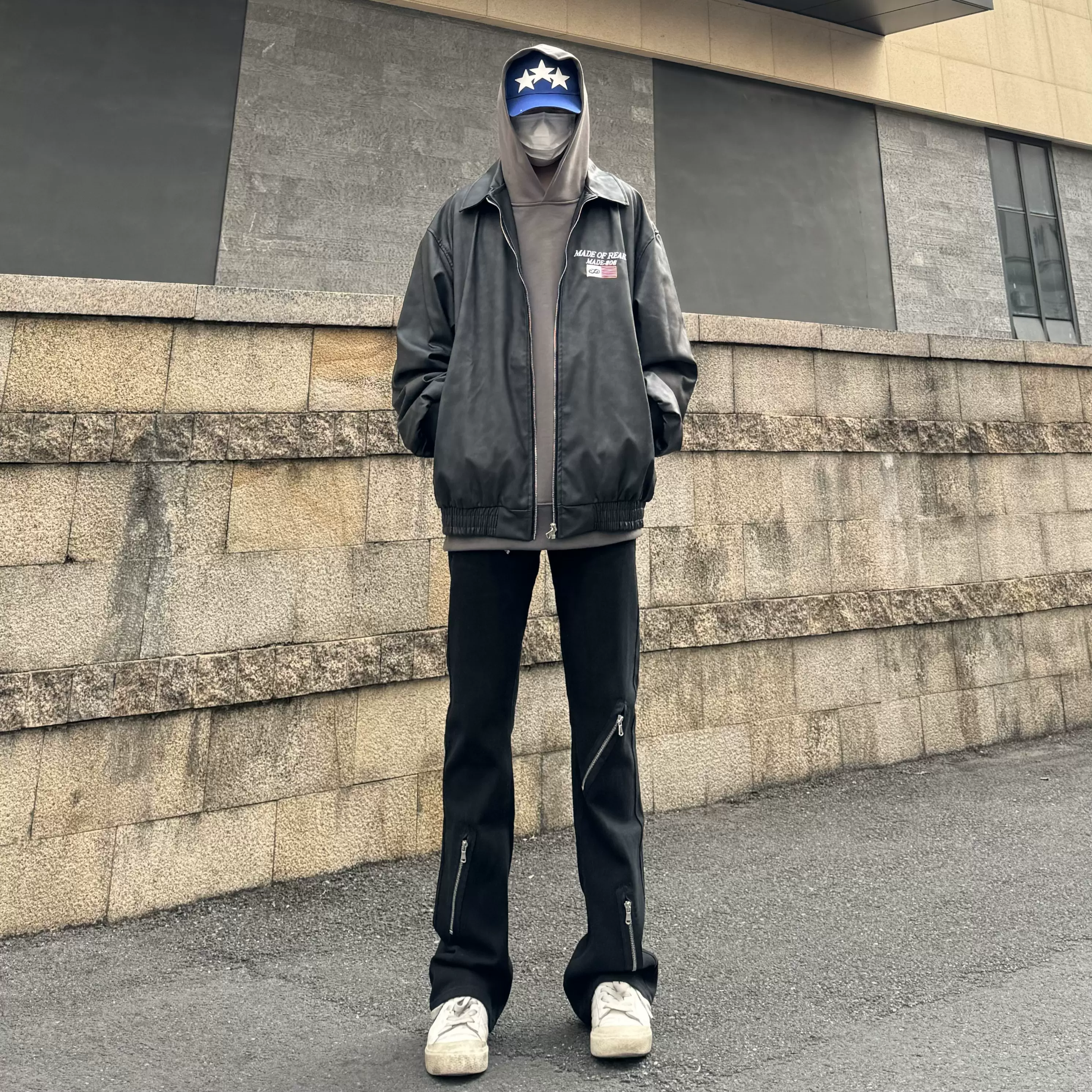 李栩嘉 美式复古夹克棒球服男女旗帜高街刺绣宽松皮衣外套情侣衣