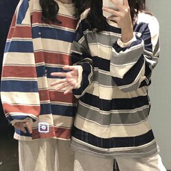 ins Super Popular New Striped Long Sleeve T-Shirt for Women, Spring and Autumn Dark Style Mid-Length Color-Block Student Loose Top